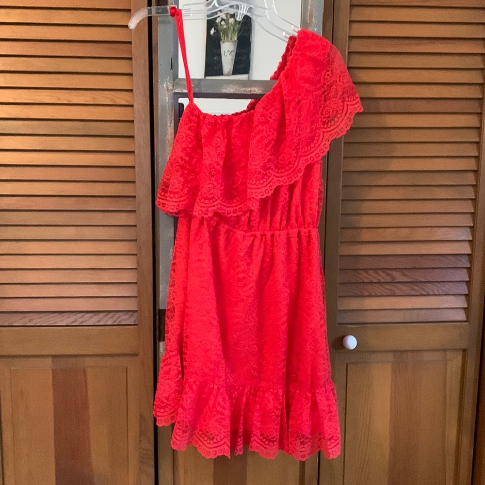 Francesca’s size Large, red lace, one shoulder dress. Elastic waist. NWT